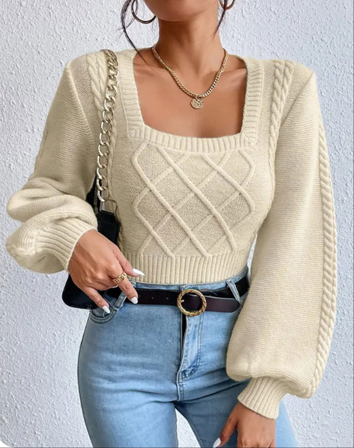 Women's cream knit sweater with square neckline, cable diamond front, long sleeves