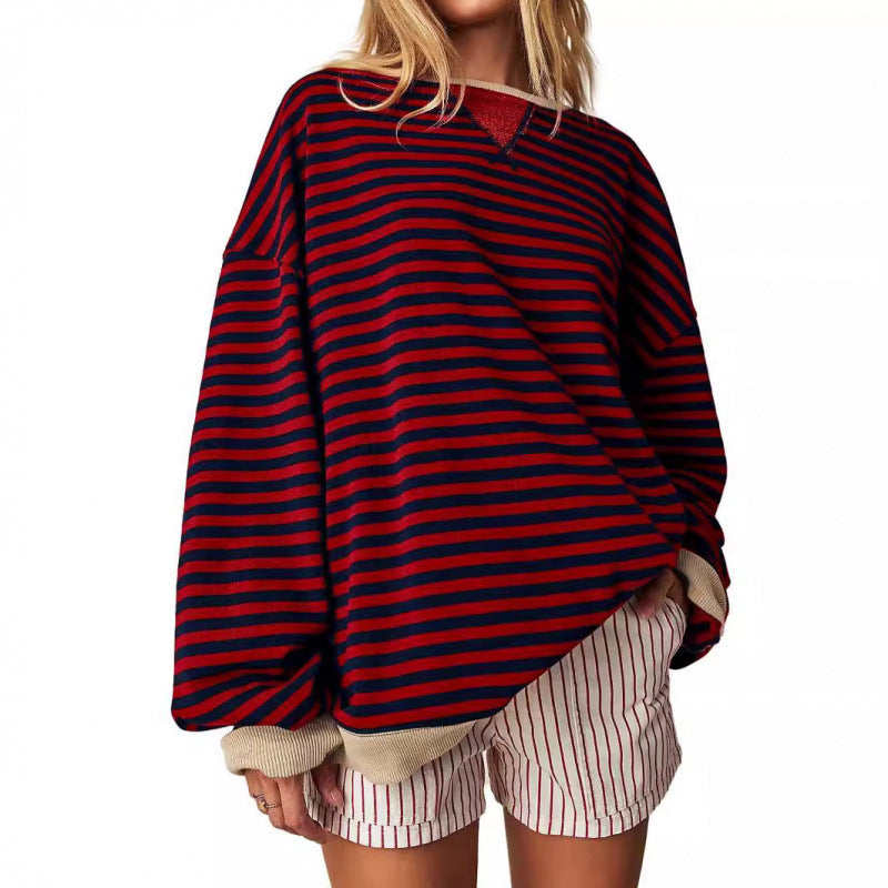 Women’s striped pullover sweatshirt with long sleeves and round neckline, wine red and navy.