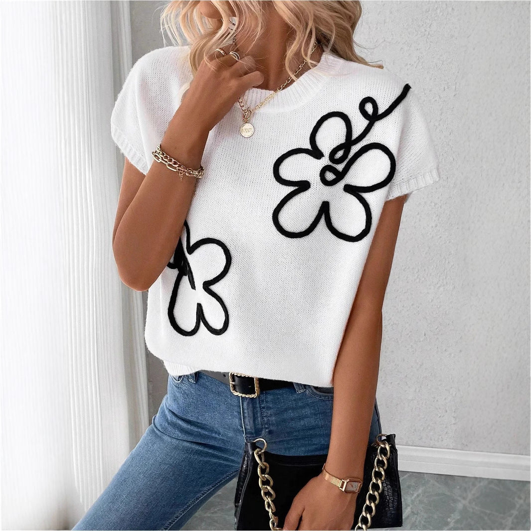 Floral Embroidered Knit Top for Women — Relaxed Cap Sleeve Sweater Style in Cotton
