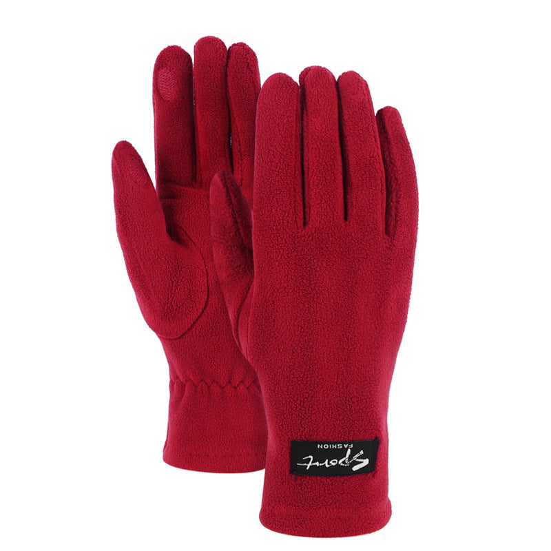 Red fleece-lined warm gloves with textured fleece surface and soft knit cuffs