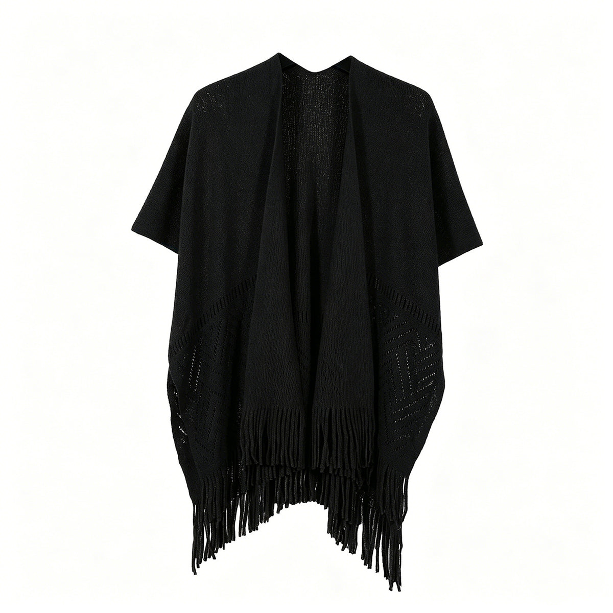 Black knitted shawl cape with openwork panels and long tassel fringe