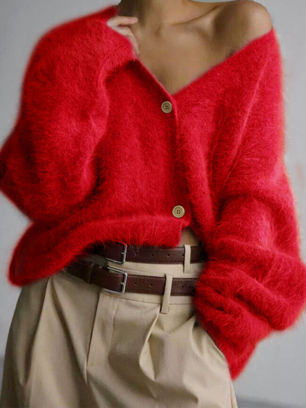 Red fuzzy knit cardigan, V-neck button-front, long sleeves