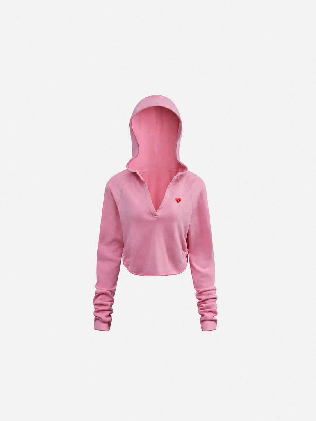Pink cropped hooded sweatshirt, back view with hood up and small logo detail
