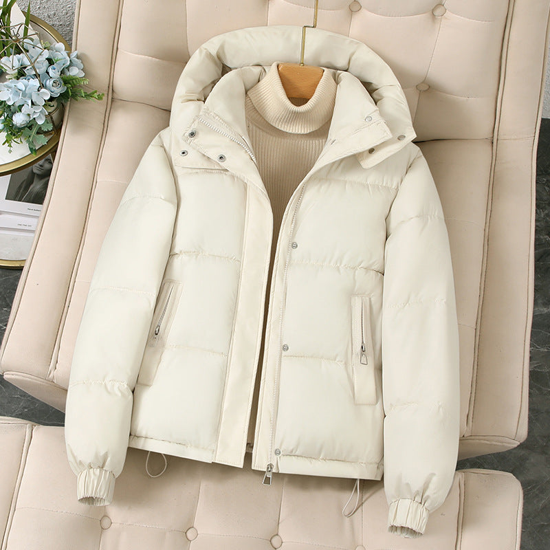 Women’s hooded short puffer jacket, off-white, full zip with snap placket and side zipper pockets