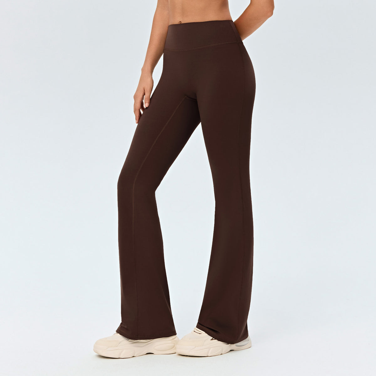Women’s high-waisted yoga flared pants in dark brown, wide-leg flare