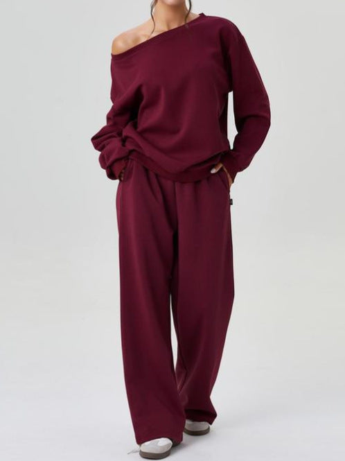 Wine red oblique-shoulder long-sleeve top and wide-leg pants two-piece set
