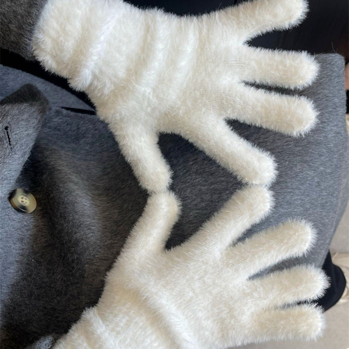 White faux mink-style winter gloves with long plush cuffs