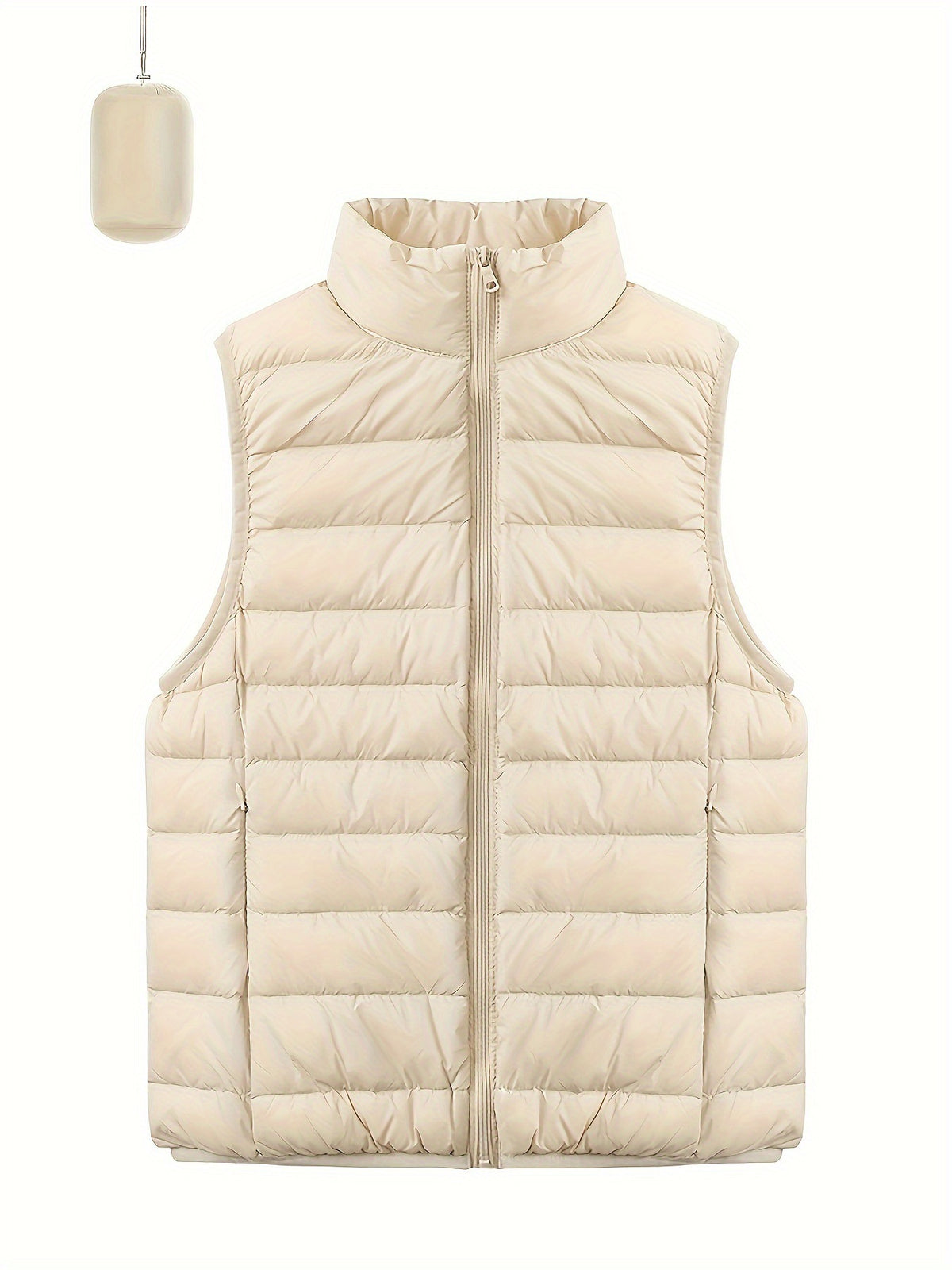 Off-white quilted puffer vest with high stand collar and center front zipper