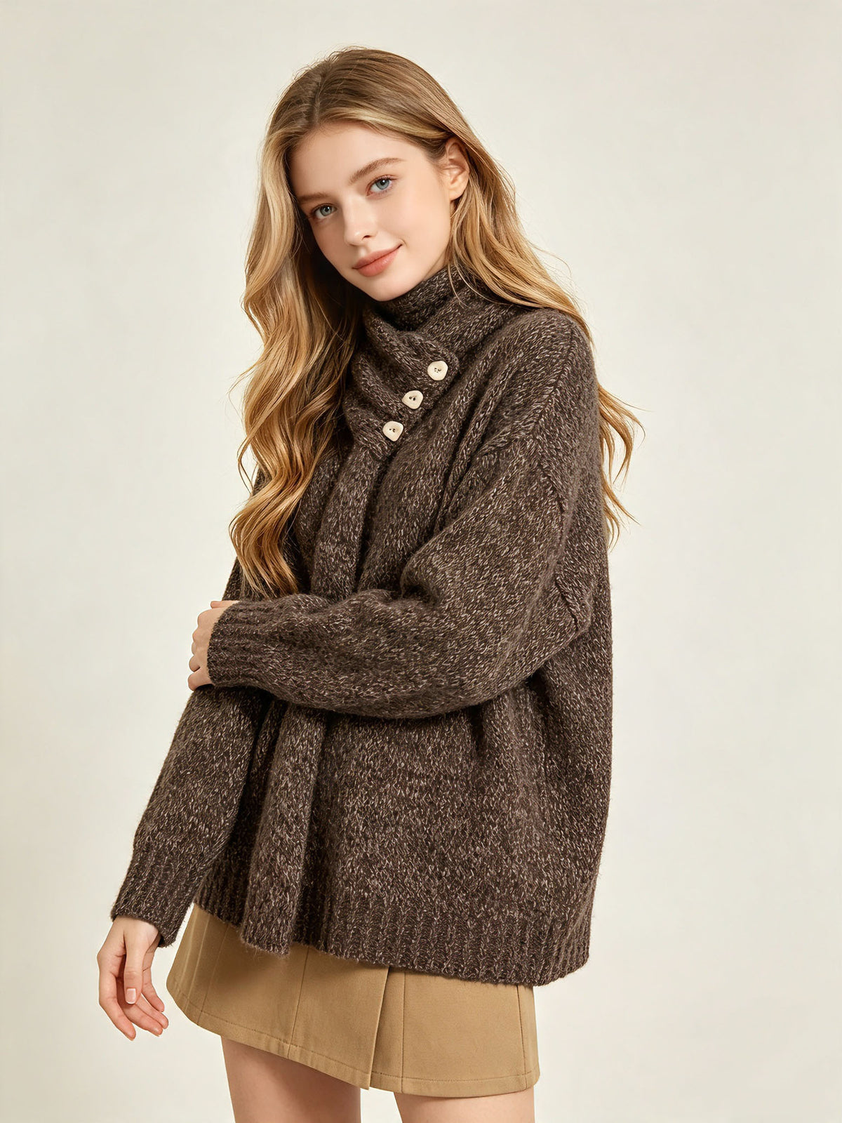 Women's brown wool knit sweater with button-up front and draped scarf collar