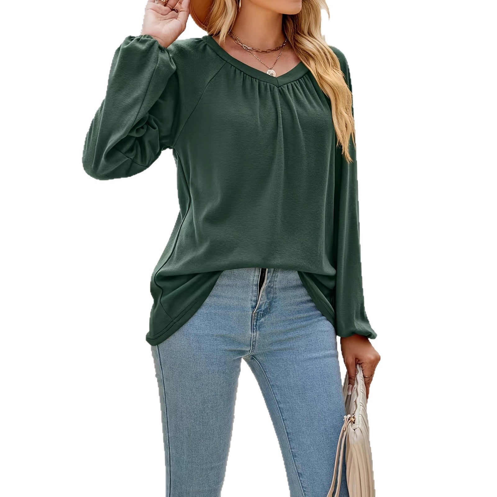 Flowy Long Sleeve Top for Women — Loose V Neck Fit with Balloon Sleeves in Viscose