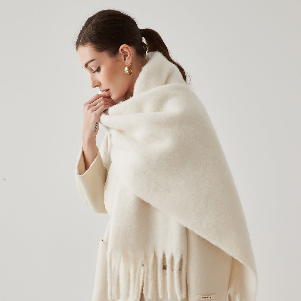 Women’s wool hair scarf, cream/ivory solid wrap with fringe ends