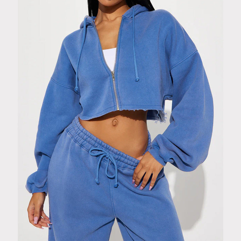 Women’s blue zip-front cropped hoodie and drawstring sweatpants set