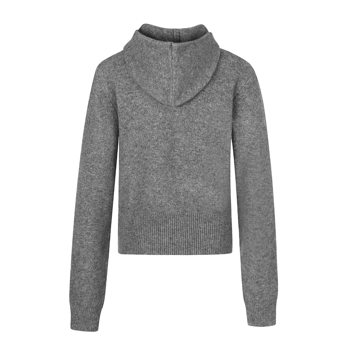 Gray hooded long-sleeve knit sweater with ribbed hem and cuffs