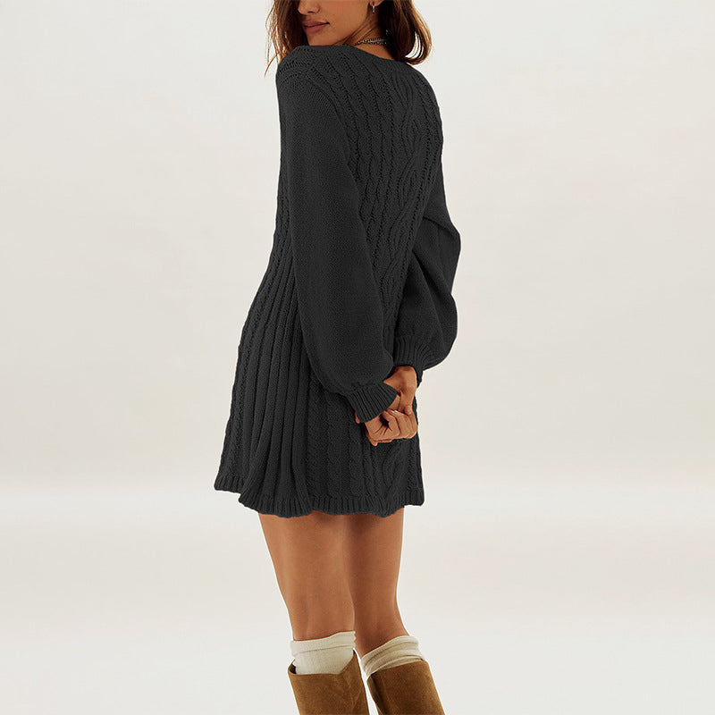 Cable Knit Sweater Dress in a Mini Length — Balloon Sleeve Crew Neck Flared Style