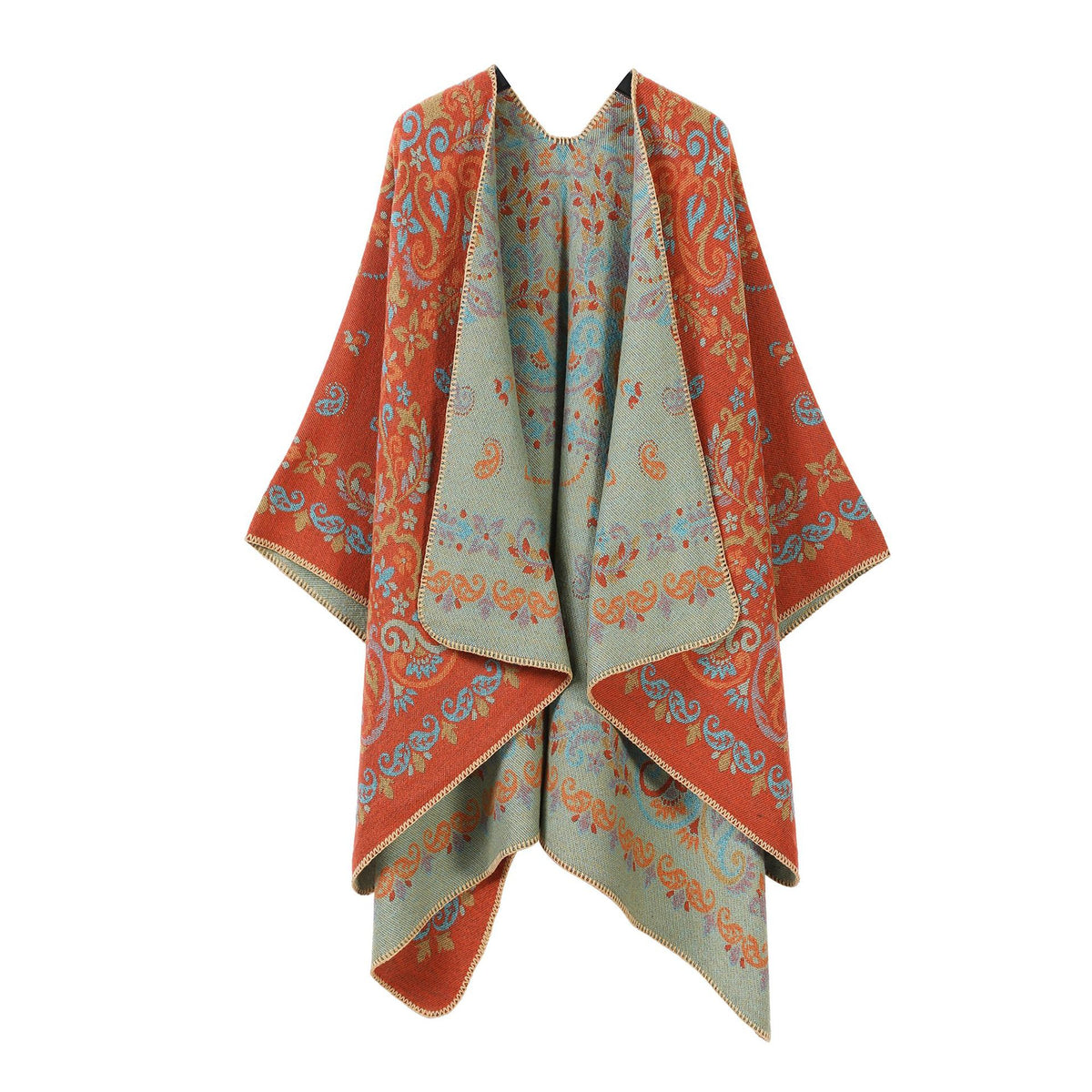 Women’s patterned split cape shawl in orange and light blue with ornate paisley print