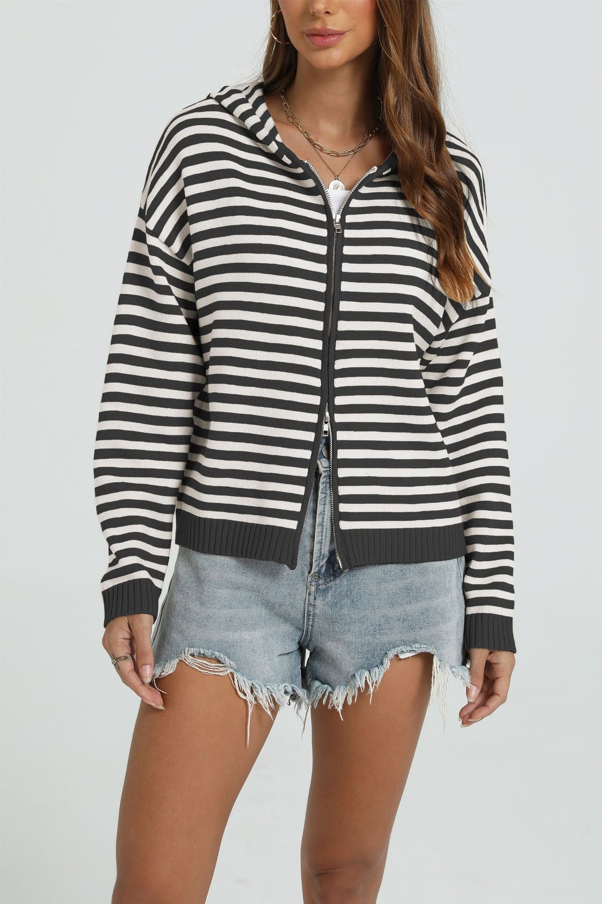 Black striped hooded knit zip cardigan with horizontal stripes and ribbed trim