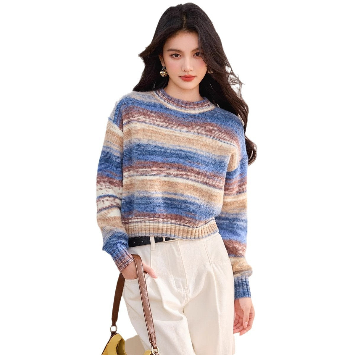 Women’s blue striped gradient knit sweater, round neck, long sleeves, ribbed hem