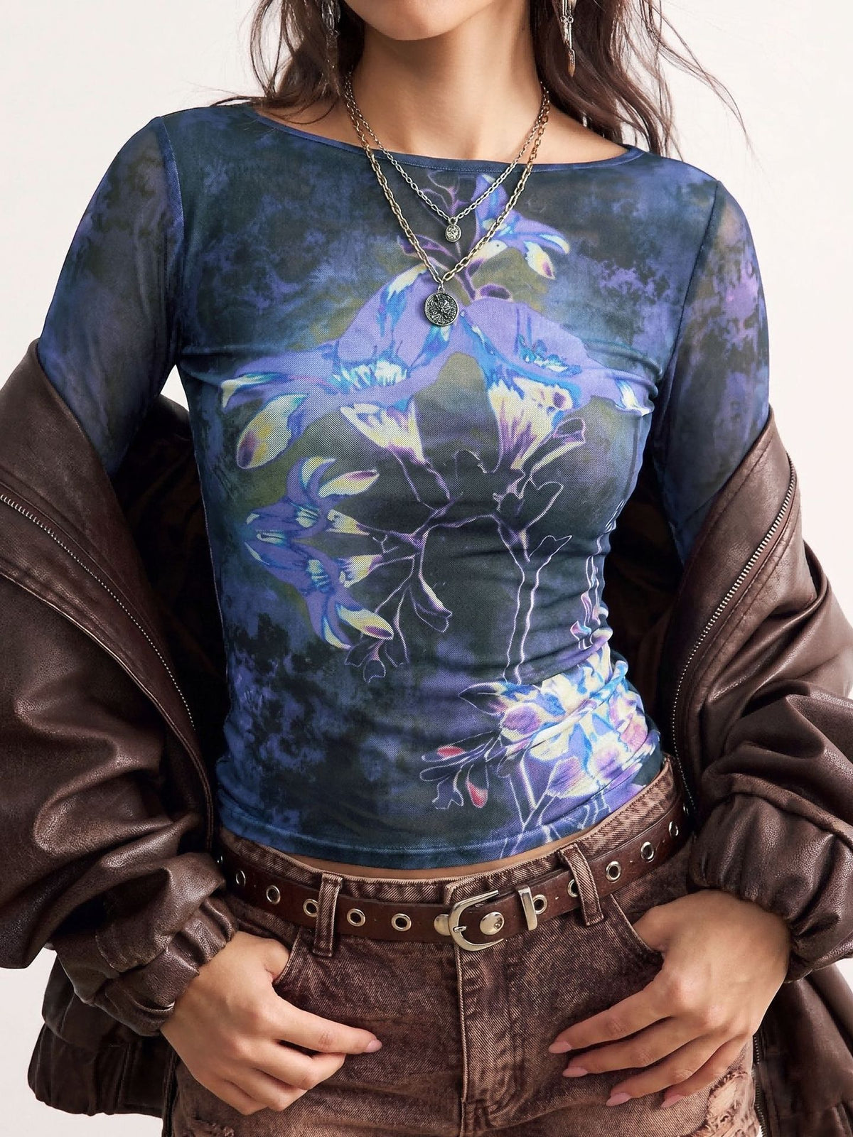 Navy blue floral gradient long-sleeve mesh top, slim fit, round neckline.