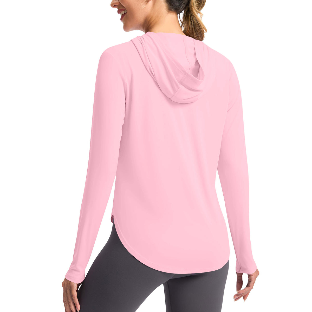 Women's hooded sun protection shirt, long-sleeve, pink back view with hood