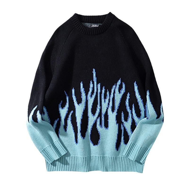 Flame Knit Sweater for Women — Oversized Y2K Crewneck Pullover in Wool Blend