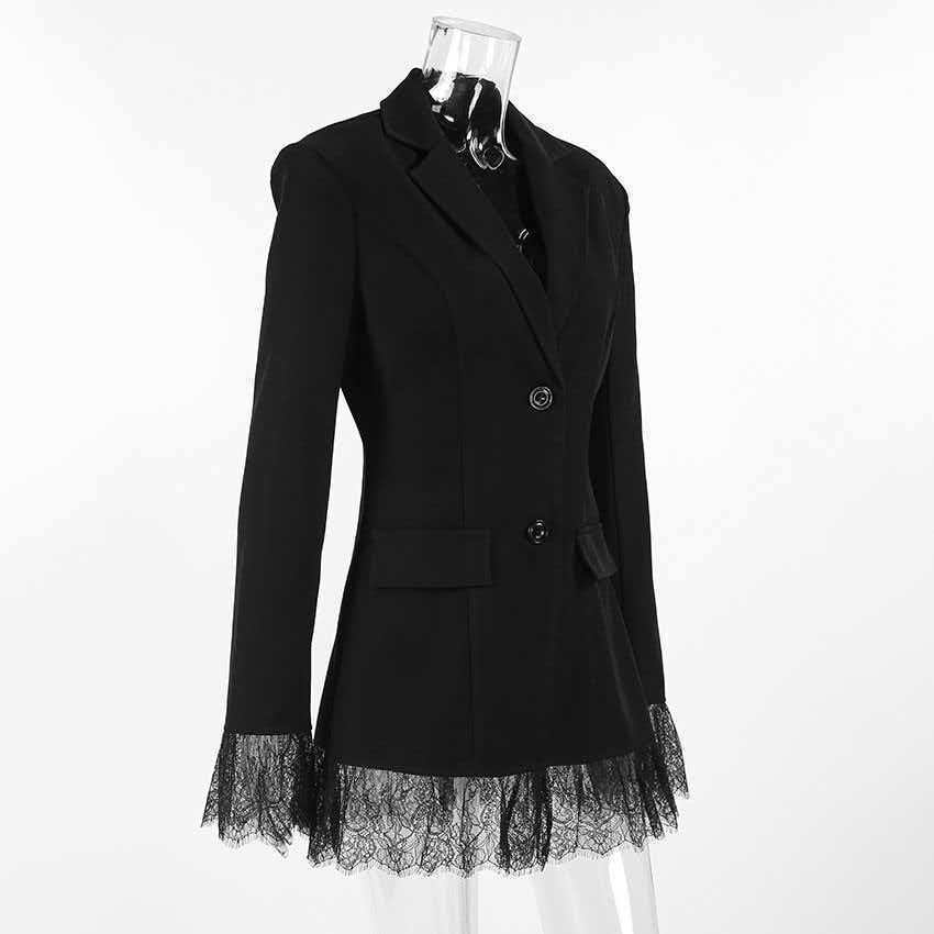 Black single-breasted blazer mini dress with feather-trim hem and cuffs