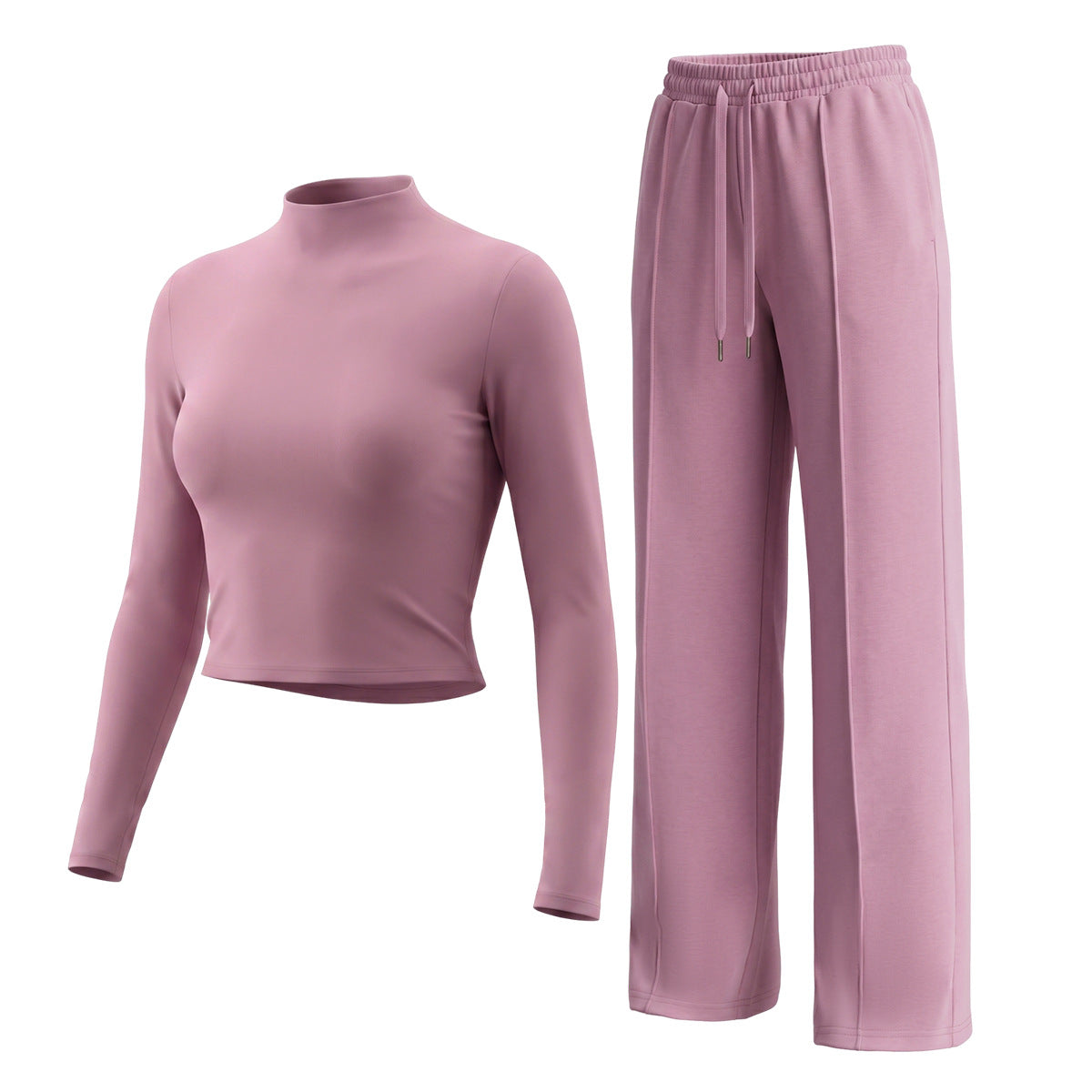 Women’s mauve high-neck long-sleeve top and wide-leg sweatpants set, drawstring