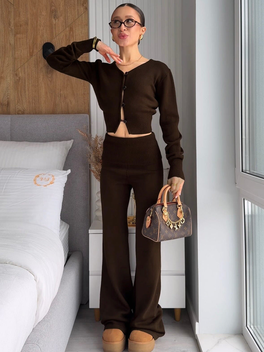 Dark brown knitted cardigan and wide-leg pants set with front zipper