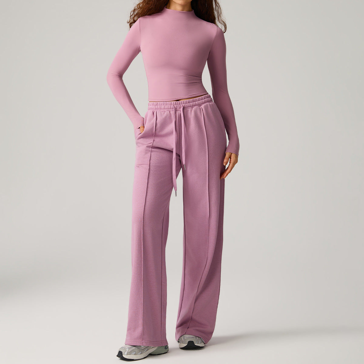 Women’s dusty pink high-neck long-sleeve top and wide-leg sweatpants set, drawstring