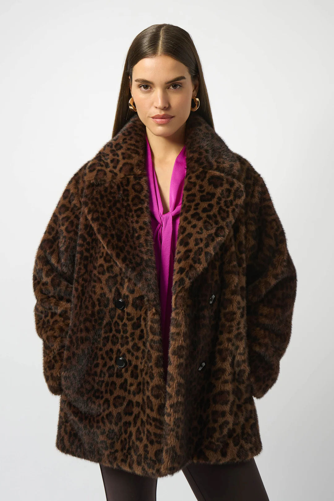 Leopard print faux fur coat front view with double-breasted closure and high collar.