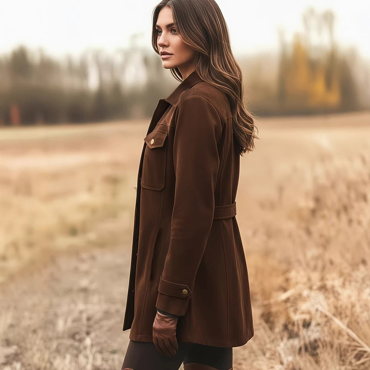 Dark brown retro jacket with shoulder epaulets, sleeve button cuffs, and chest pocket