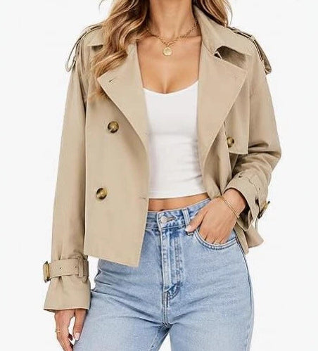 Beige short double-breasted trench coat with gold buttons and epaulets