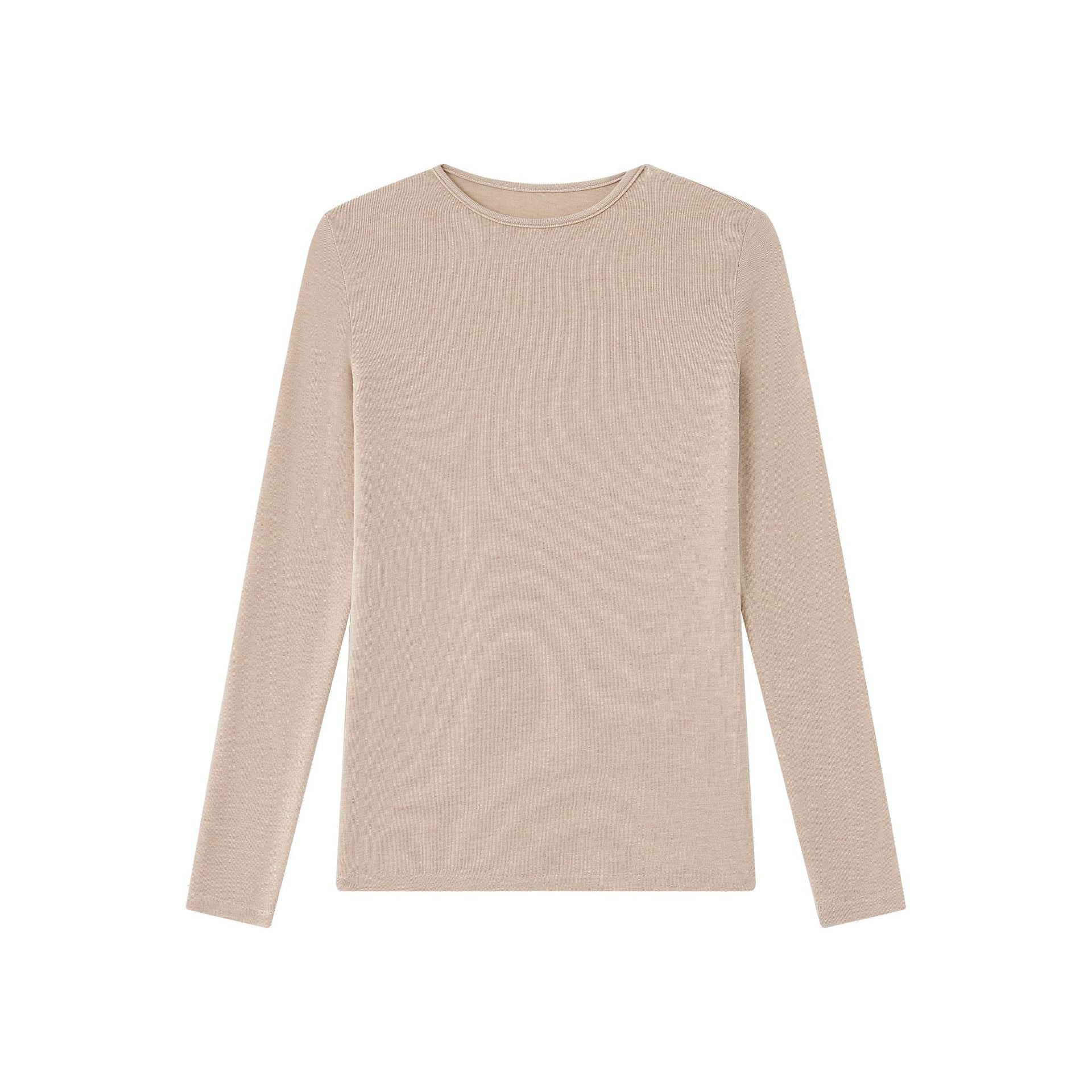 Women's long-sleeve knit T-shirt, crewneck, solid apricot beige