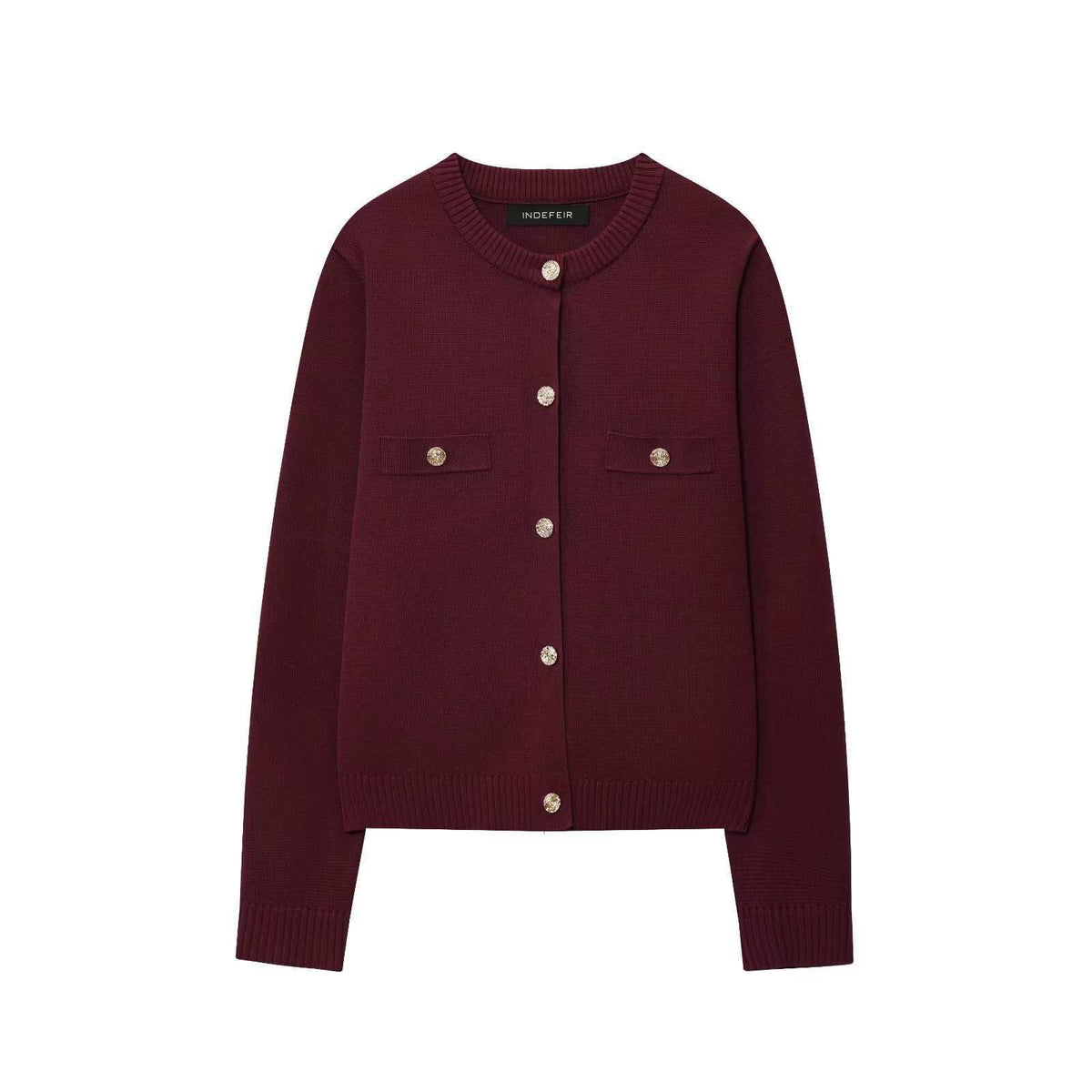 Deep red knit button-front jacket with long sleeves and two chest pockets