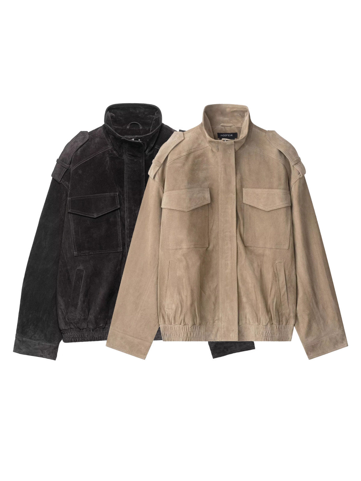 Pair of women’s casual jacket coats: black and beige, zip front with chest pockets