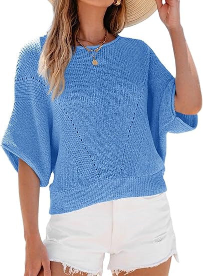 Blue women’s knit pullover sweater with round neck and short batwing sleeves