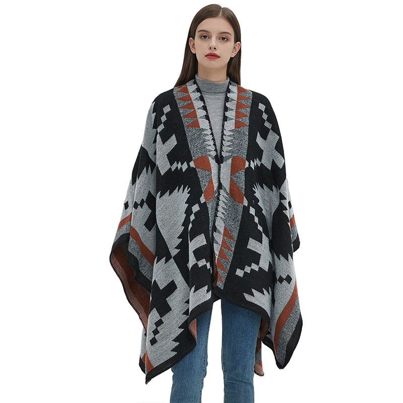 Blanket Poncho for Women — Reversible Aztec Print Ruana Wrap in Wool Blend