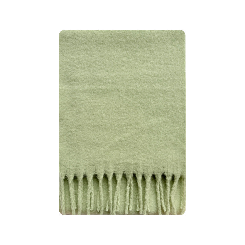 Wool-blend tassel scarf, light green, soft fuzzy knit with fringed trim