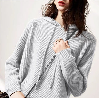 Women’s hooded knit sweater in light gray, pullover with drawstring and front pocket
