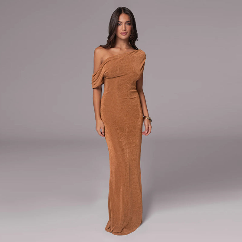 One Shoulder Maxi Dress for Wedding Guests — Draped Asymmetric Column in Jersey
