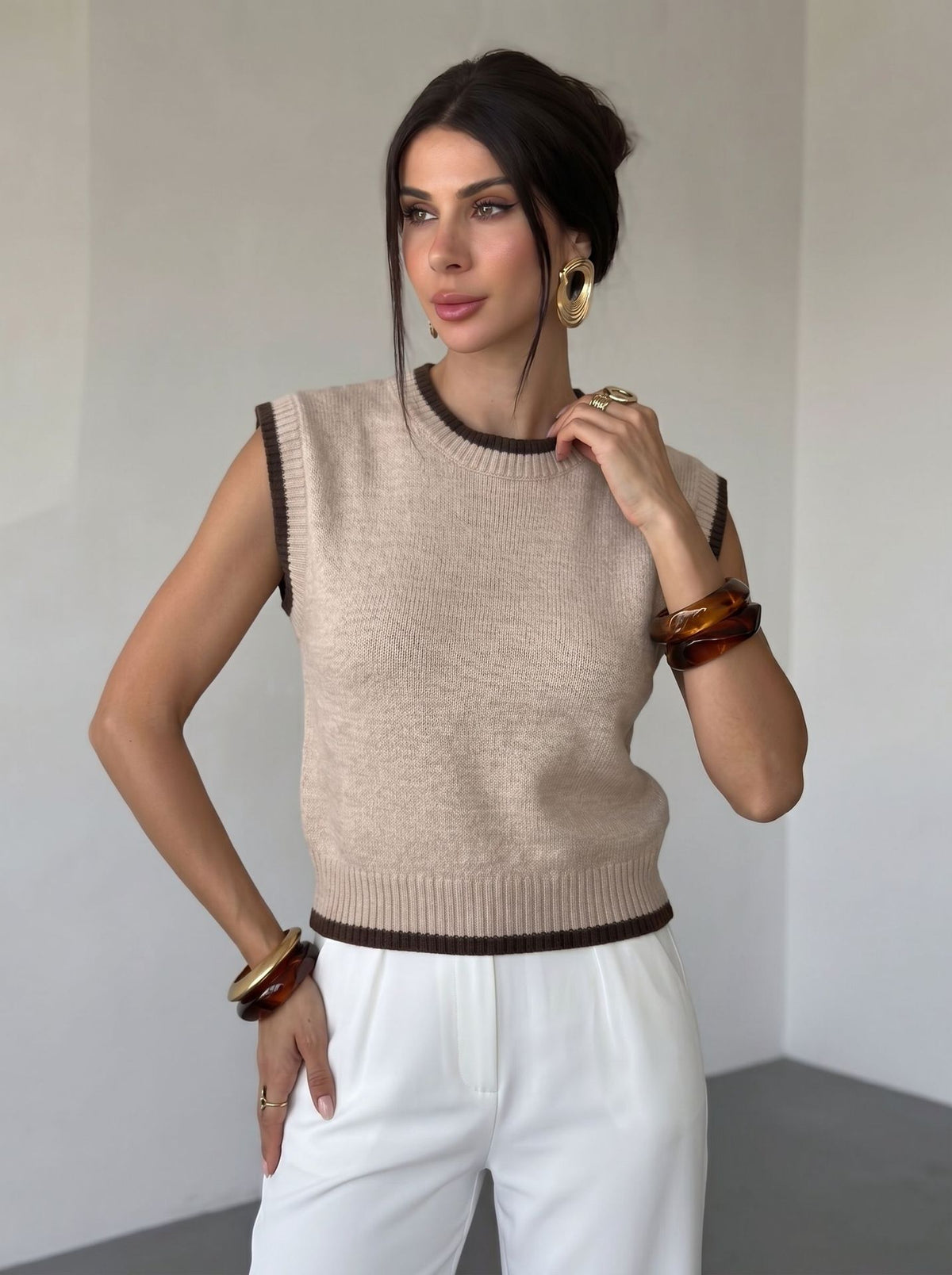 Sweater Vest for Women — Sleeveless Contrast Trim Knit Top in Soft Merino Wool