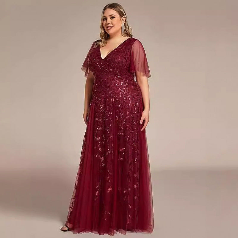 Wine red sequined mesh evening dress, V-neck bodice, short sheer sleeves, full-length skirt