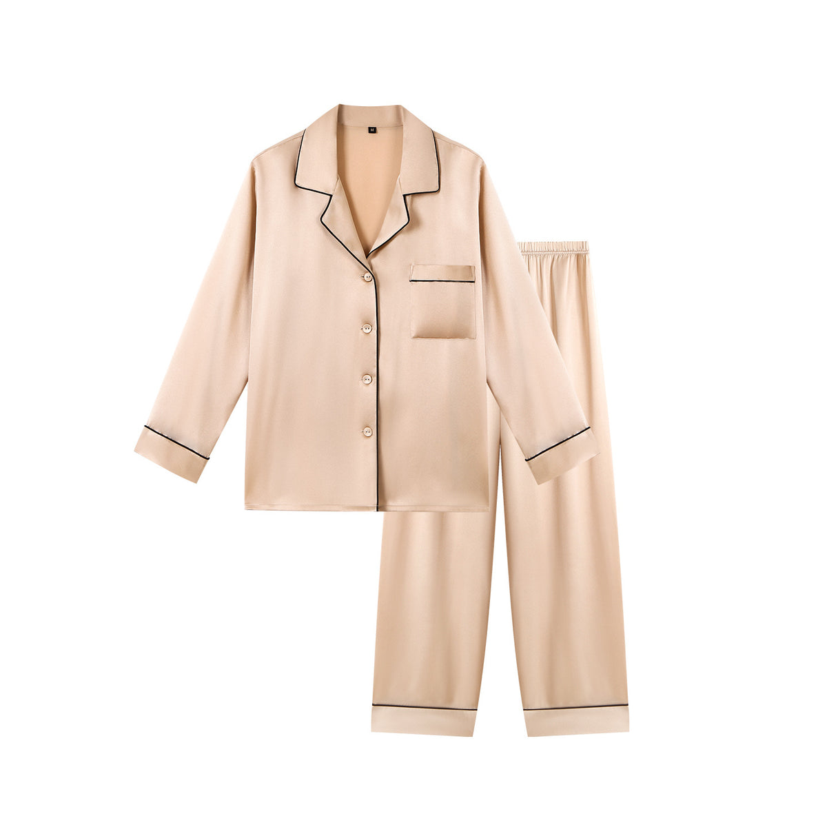 Light apricot silk pajama set, long-sleeve button-up shirt and matching long pants