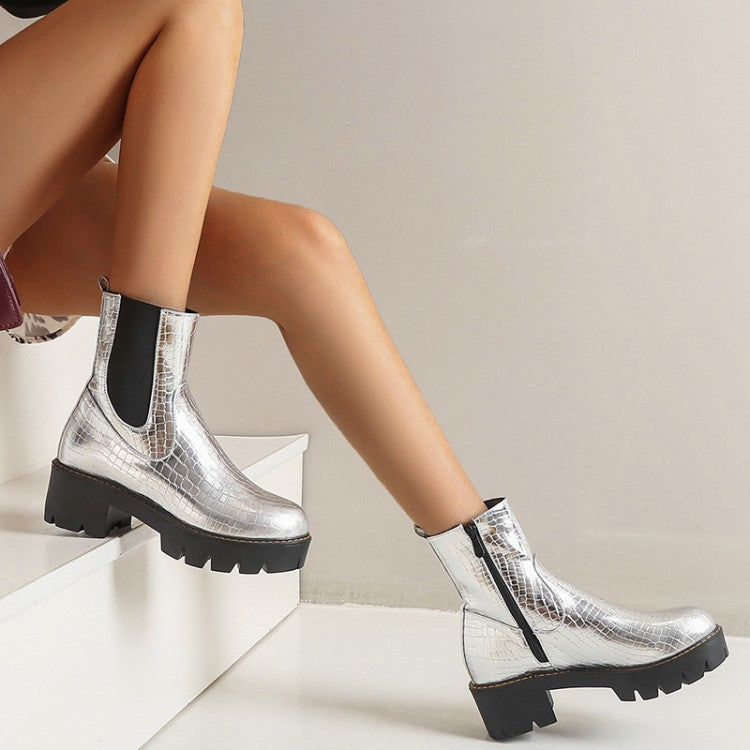 Silver crocodile-pattern Chelsea boots with black elastic panels and chunky lug soles