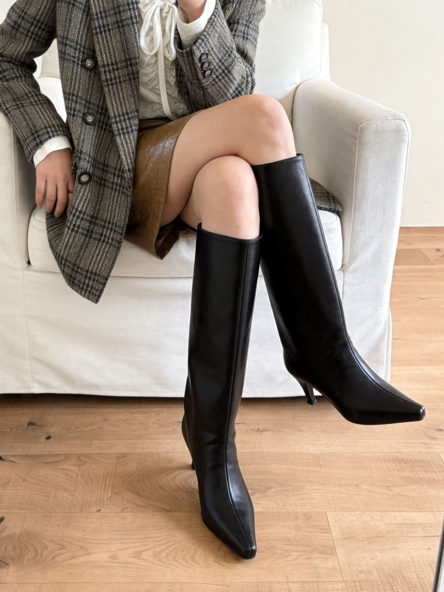 Knee High Boots for Women — Pointed Toe Kitten Heel Style in Faux Leather