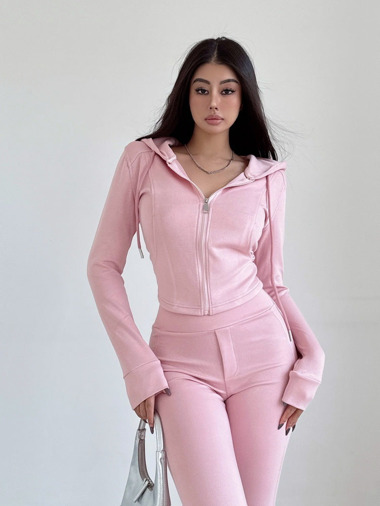 Pink zip-up hooded sweatshirt jacket with drawstring and front kangaroo pocket