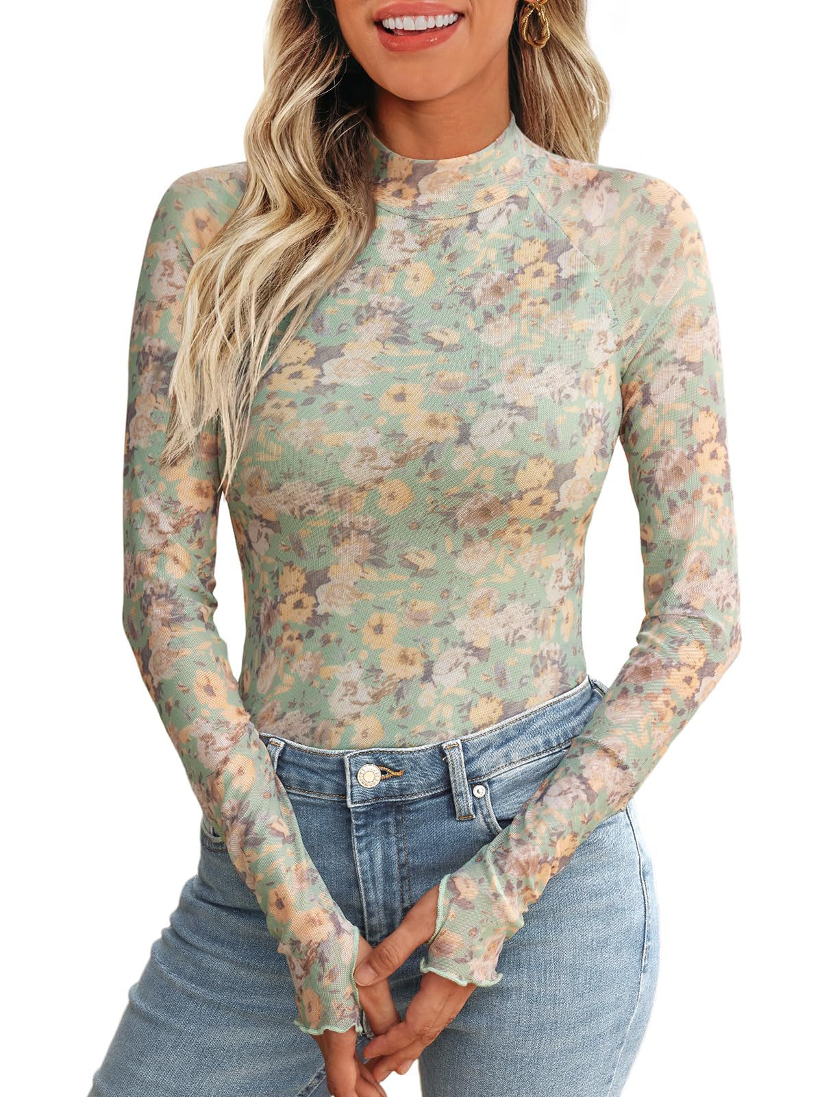 Light green floral mesh crewneck long-sleeve top with thumb holes