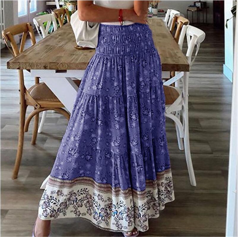 Blue floral maxi skirt with tiered ruffle hem and gathered waistband