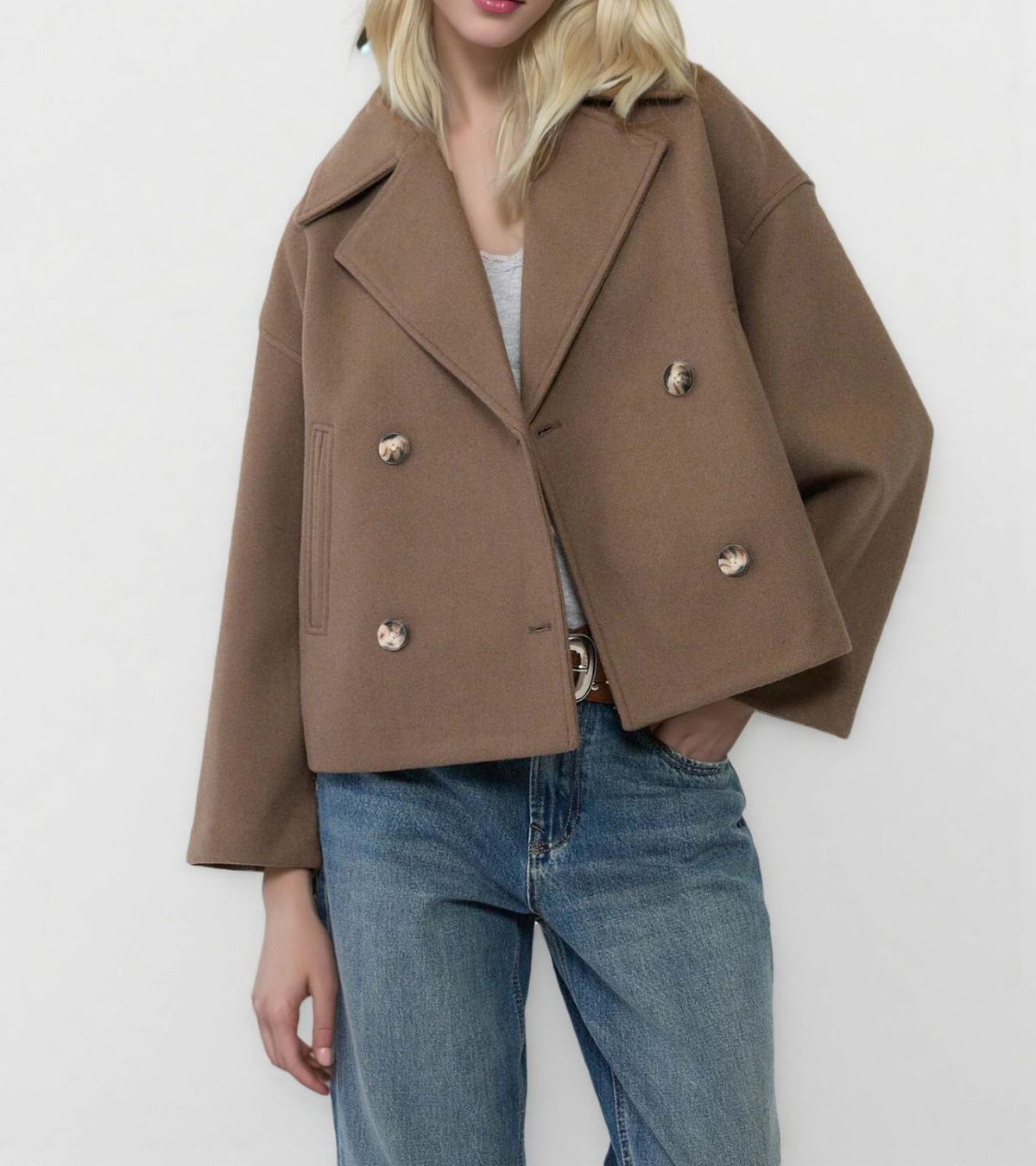 Camel brown double-breasted short wool jacket with notched lapels and silver buttons