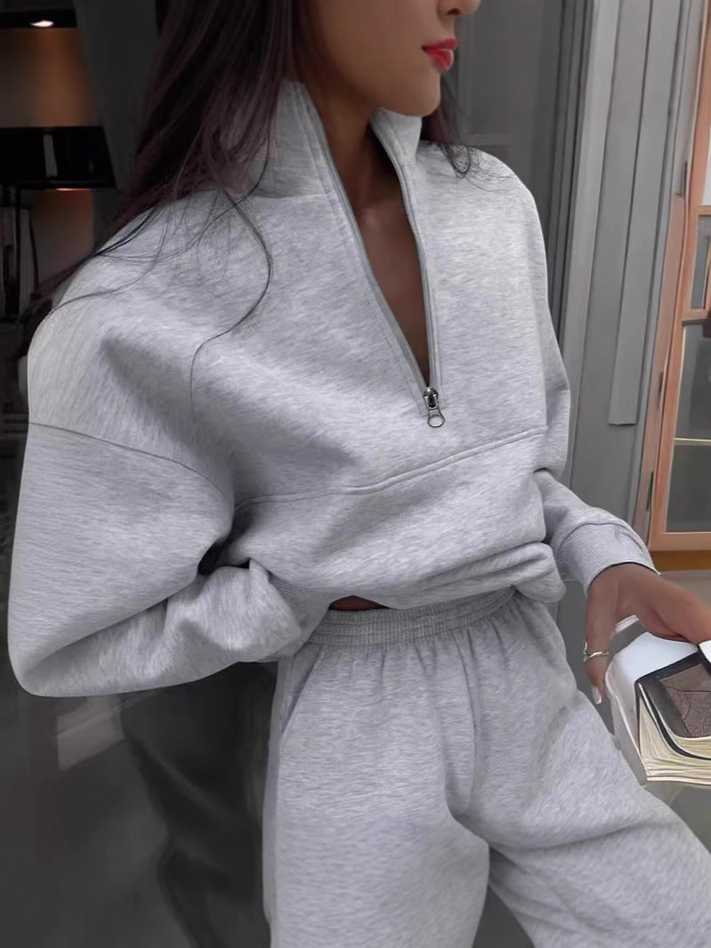 Light gray zip-lapel two-piece tracksuit set with quarter-zip pullover and jogger pants