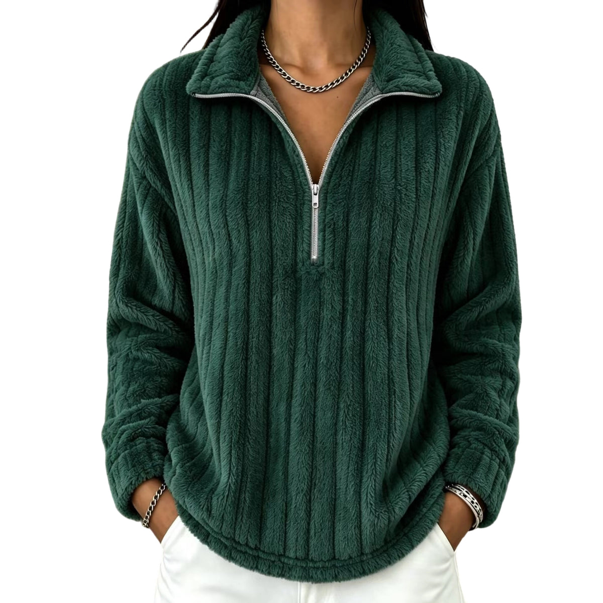 Women’s plush ribbed quarter-zip pullover sweatshirt, long sleeves, dark green.